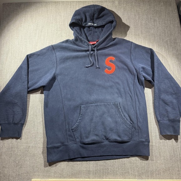 Supreme Hoodie Mens XL Blue S Logo Pullover Fleece Kangaroo Pocket Sweatshirt